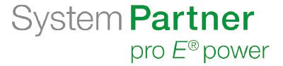 Logo mit dem Text „SystemPartner pro E® power“ in grauer und grüner Schrift auf weißem Hintergrund.
